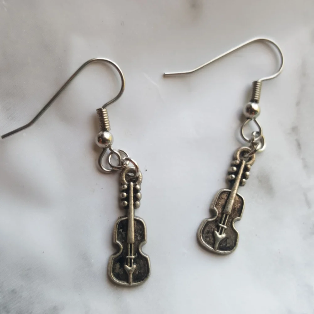 Violin Fiddle Earrings Surgical Steel Silver Tone - Picture 4 of 8